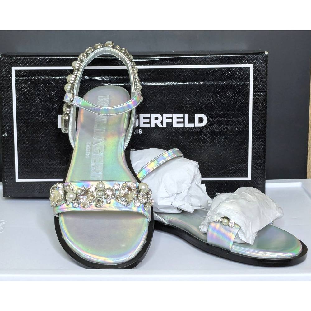 Karl Lagerfeld Shoes Womens 7.5 Silver Gwenda Flat Pearl Rhinestone Sandal NEW